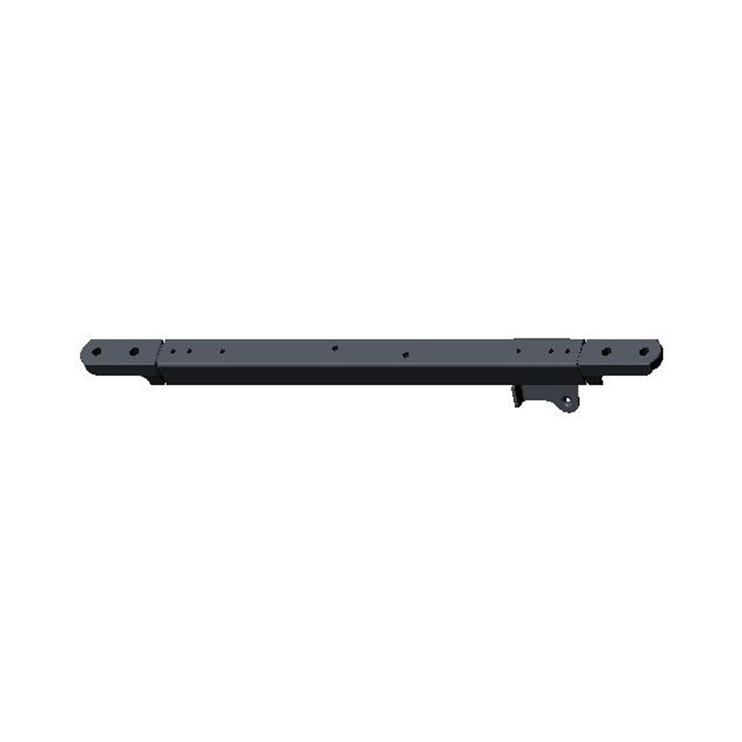 Black metal bolt-in rear frame support bar with multiple mounting holes and bracket attachment points.