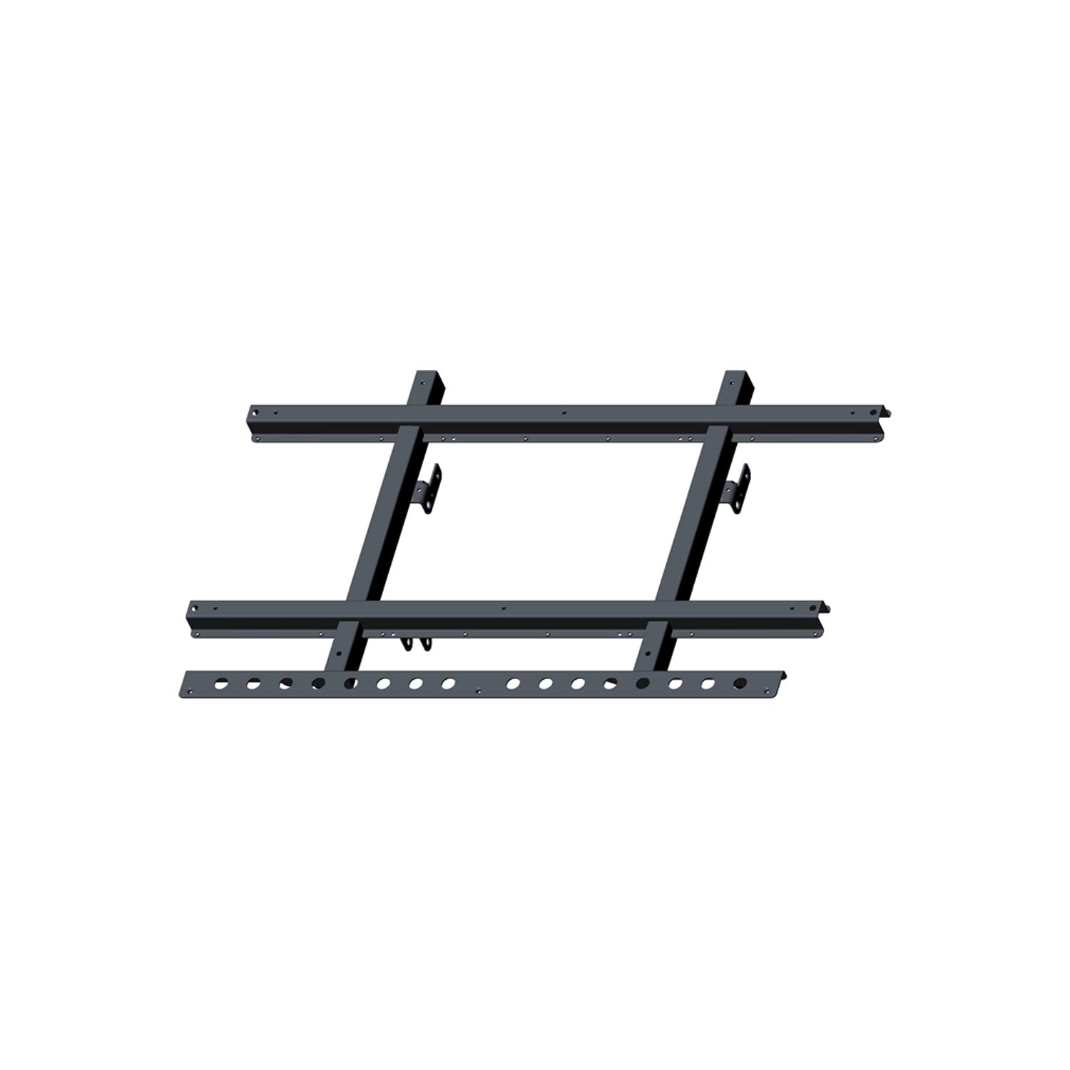 Black metal support frame with crossbars and mounting brackets designed for Polaris Ranger UTVs.