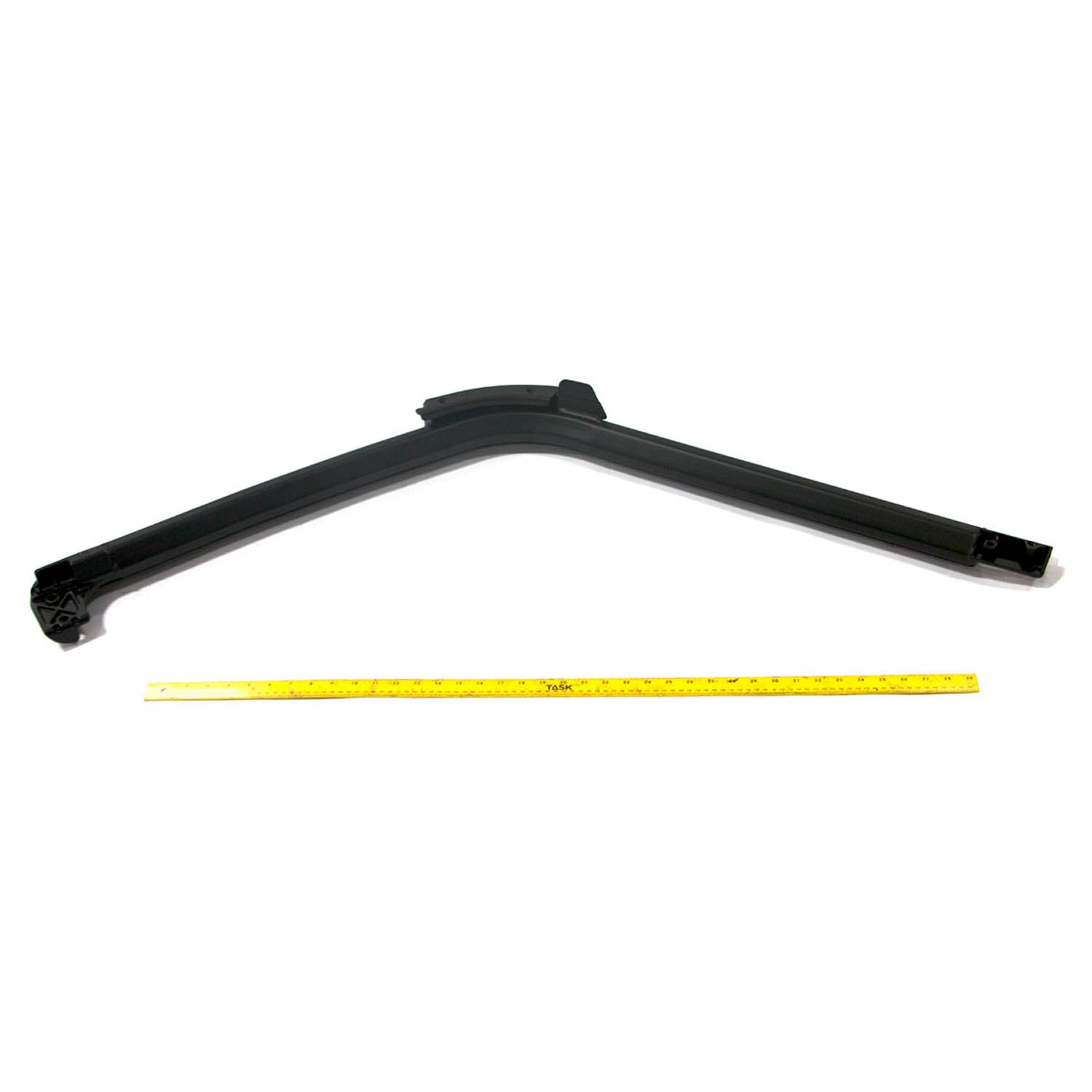 Black metal front cab frame weld with angled design for Polaris UTV, placed above a yellow measuring tape.