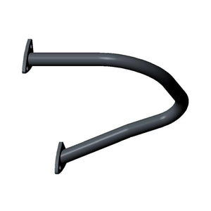Black metal highway bar with two mounting plates for left side motorcycle installation.