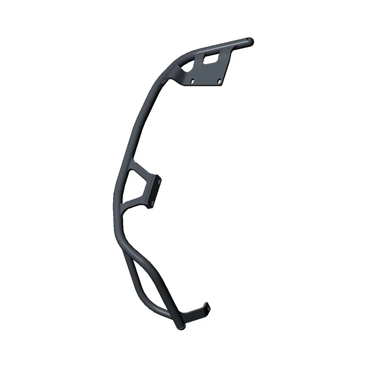 Chrome left-hand soft saddlebag rail with angular support bars for motorcycle mounting.