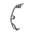 Chrome left-hand soft saddlebag rail with angular support bars for motorcycle mounting.