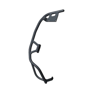 Chrome left-hand soft saddlebag rail with angular support bars for motorcycle mounting.