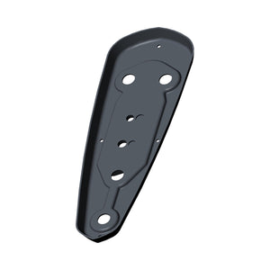 Right side motorcycle floorboard in matte black metal with multiple mounting holes and a tapered elongated shape.