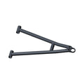 Matte black metal front lower A-arm suspension part with tubular frame and mounting points.