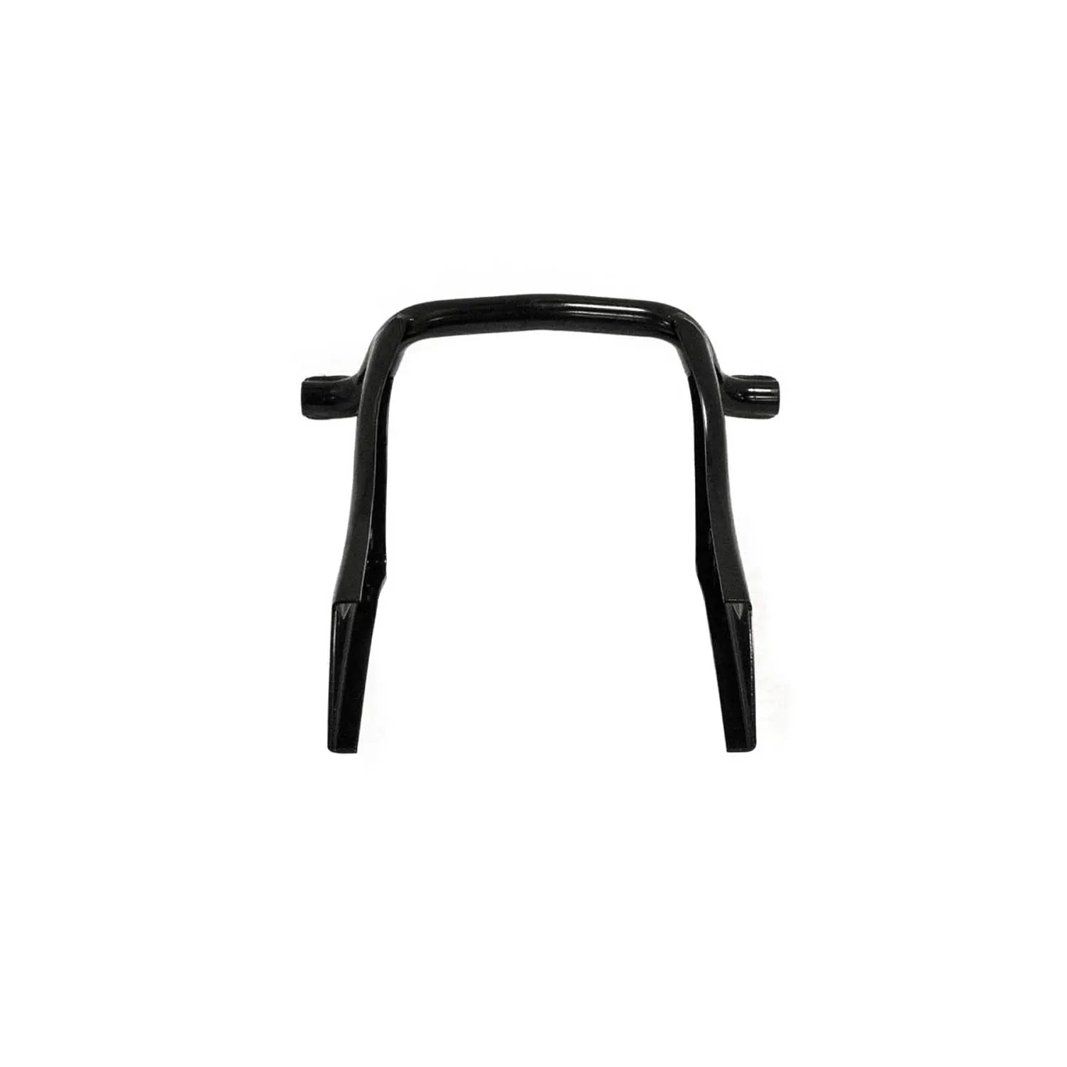 Black metal rear lower motorcycle frame with mounting points and tubular structure.