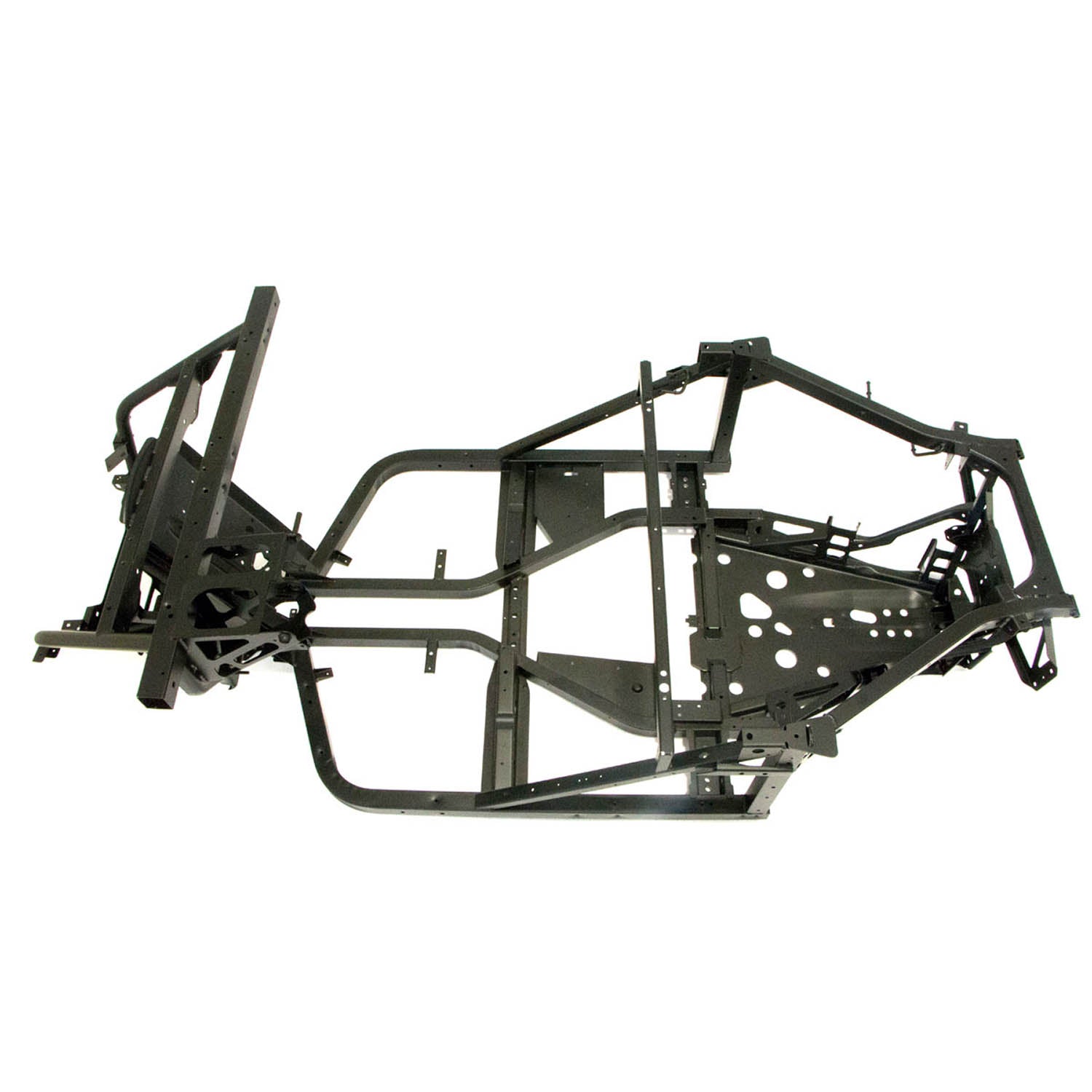 Matte black welded metal frame for Polaris UTV with tubular construction and mounting points.