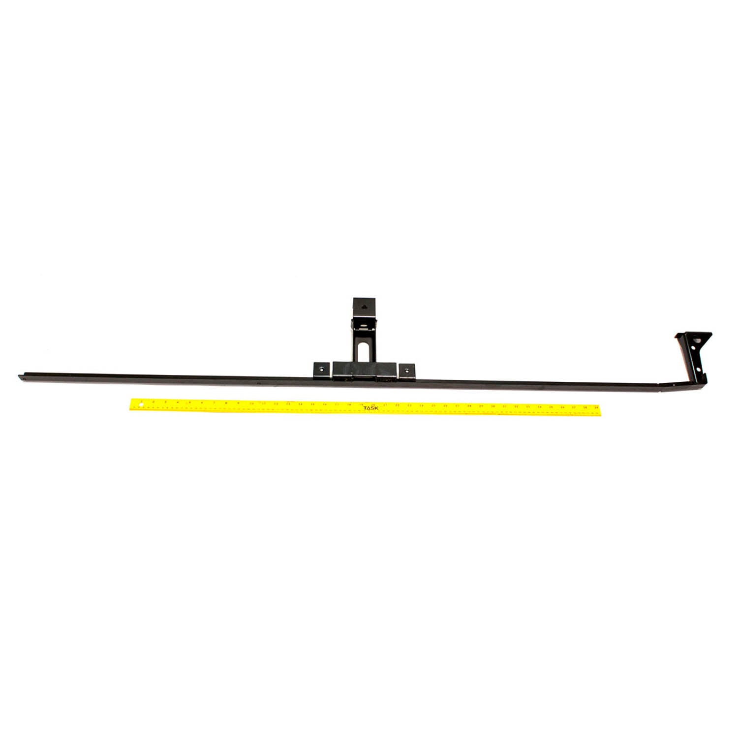 Black metal rocker weld bar with mounting bracket and angled end piece, measuring about 48 inches long.