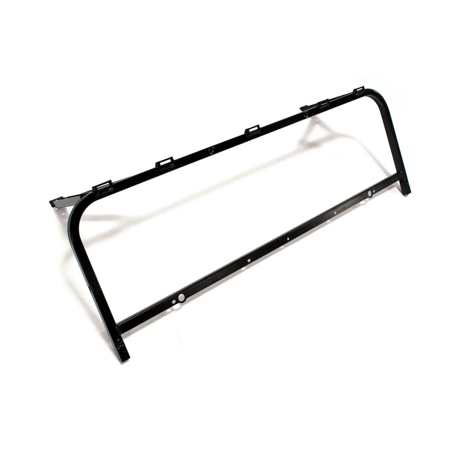 Black metal cab and seat base frame with mounting brackets and smooth tubular design.