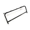 Black metal cab and seat base frame with mounting brackets and smooth tubular design.