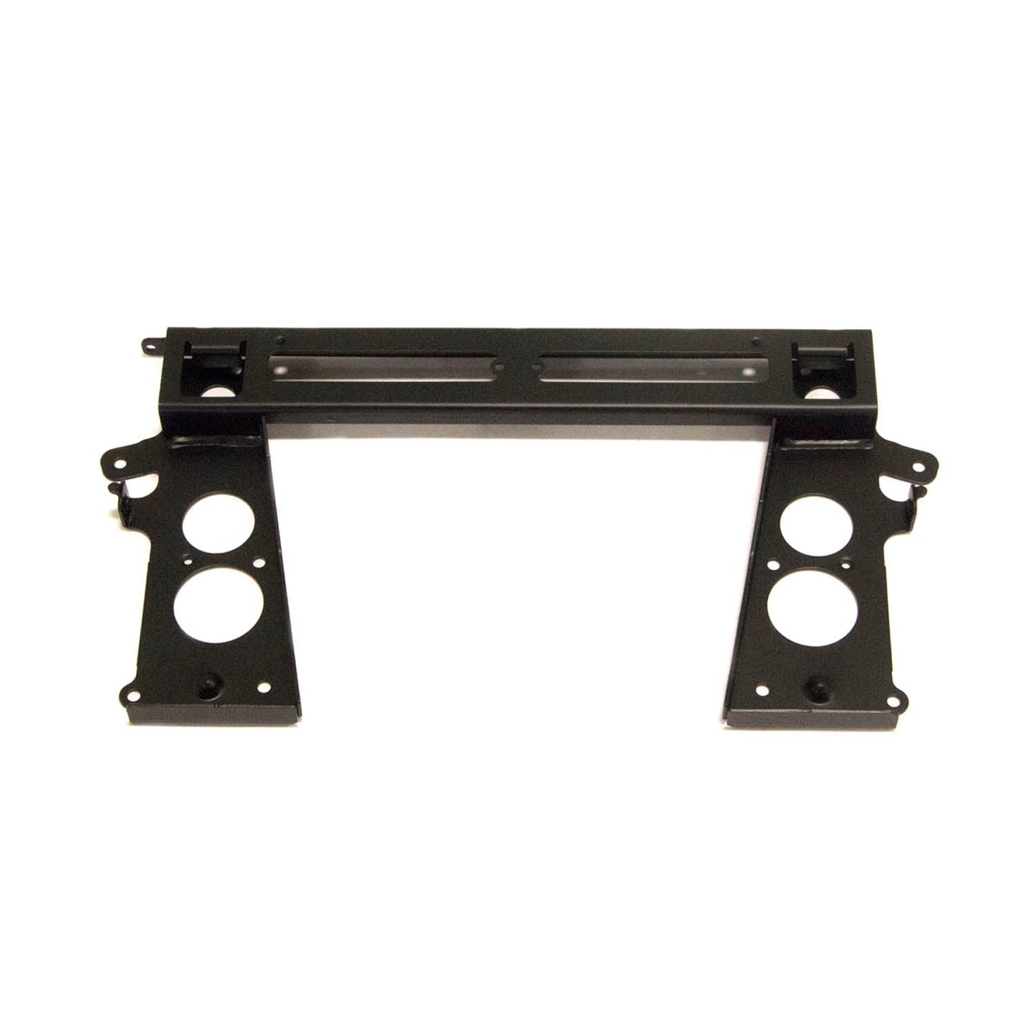 Black metal rear cab frame weld mat with mounting holes and rectangular cutouts.