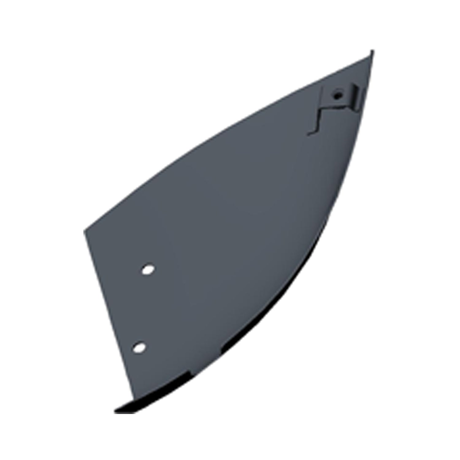 A blue metallic, curved metal plate with two circular holes on one end and a small angled notch, likely the Brake Caliper Cover, Left, Blue Fire Metallic by Polaris for Indian Motorcycle or similar equipment.