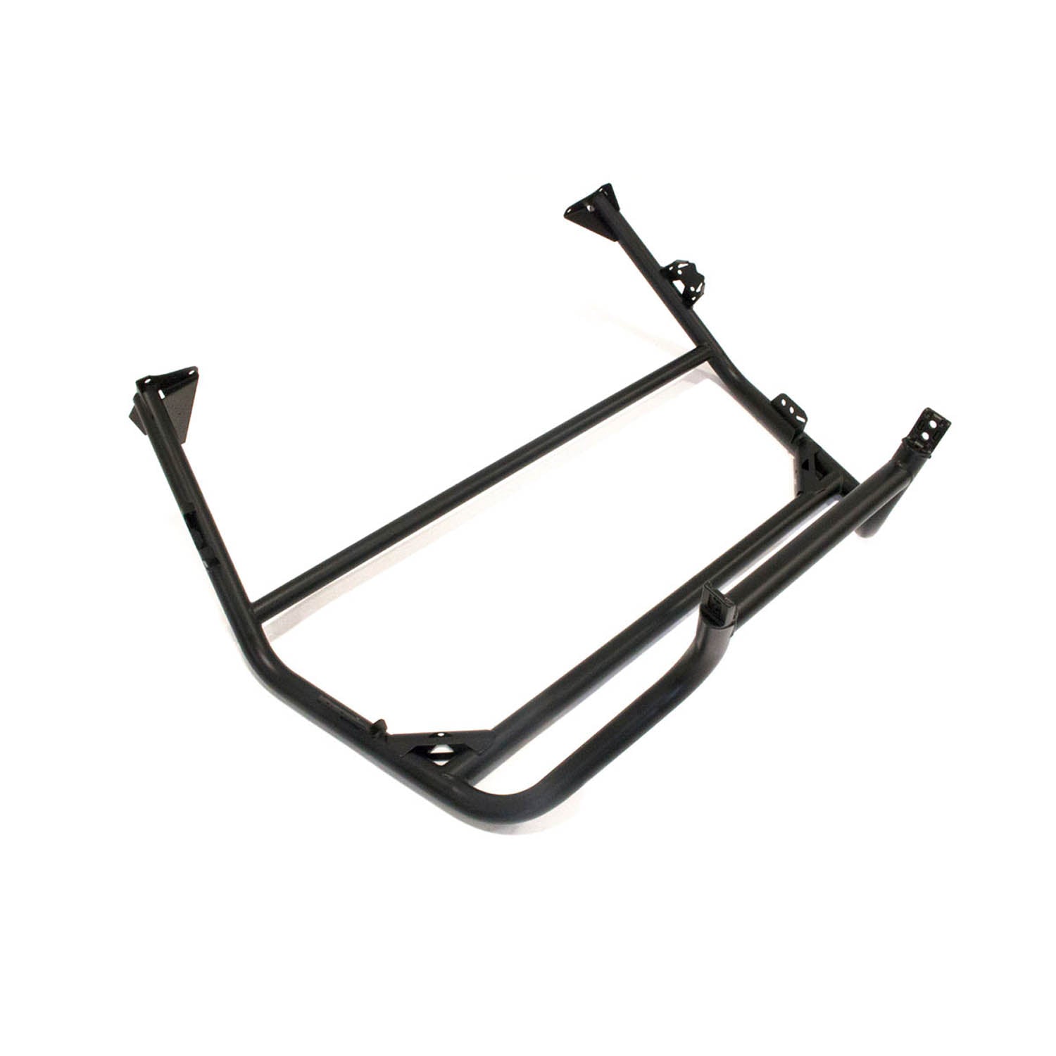 Matte black welded steel rear cab frame for Polaris RZR with angled mounting brackets.