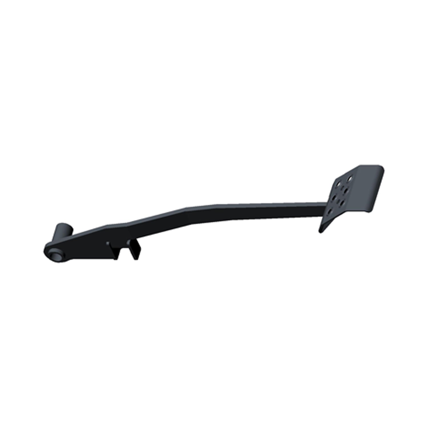 Black metal brake pedal with a flat, perforated footpad and a mounting hinge on the opposite end.