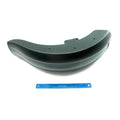Curved black smoke motorcycle front fender with smooth matte finish and mounting holes, shown with blue ruler for scale.