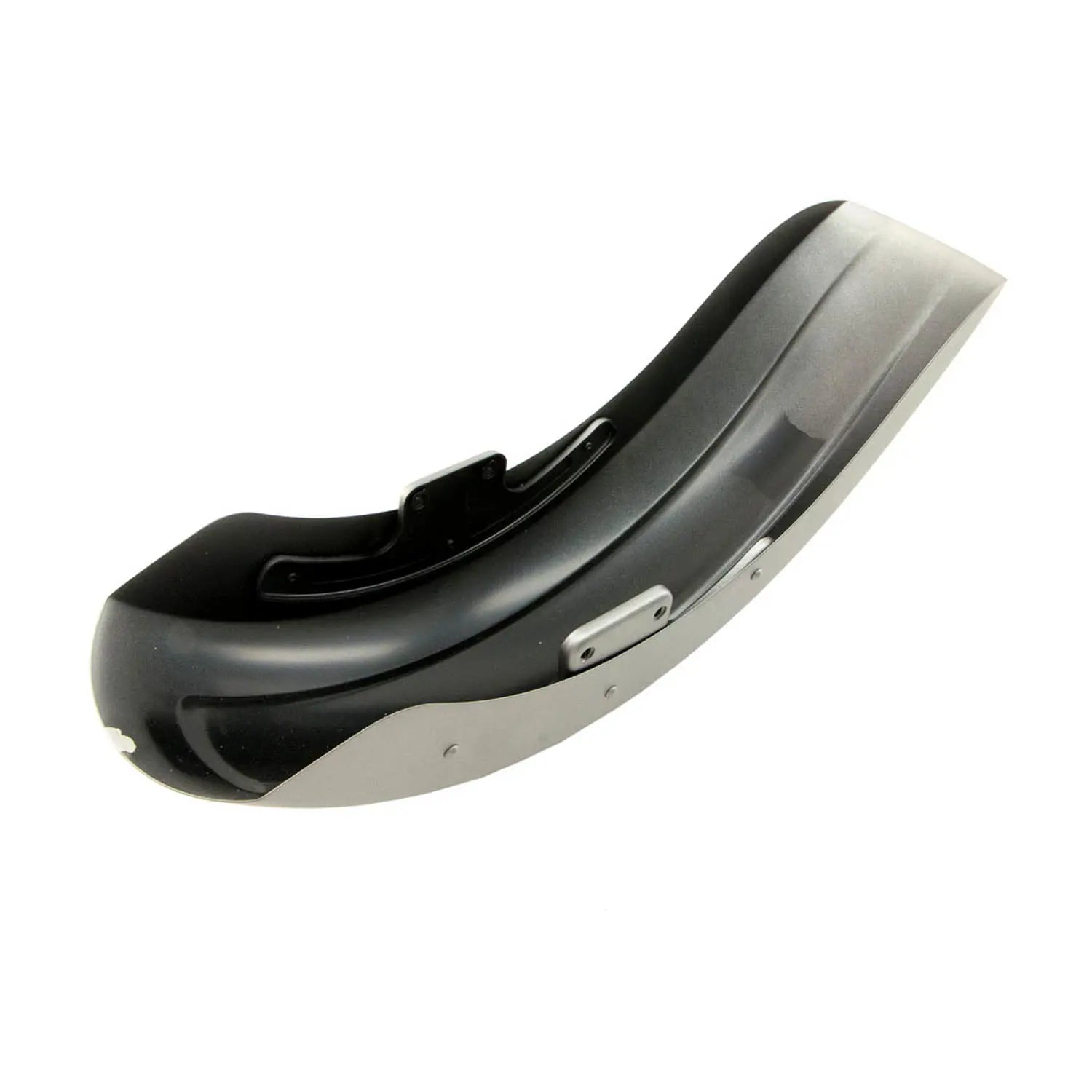 Curved silver smoke motorcycle front fender with smooth glossy finish and metal mounting bracket.