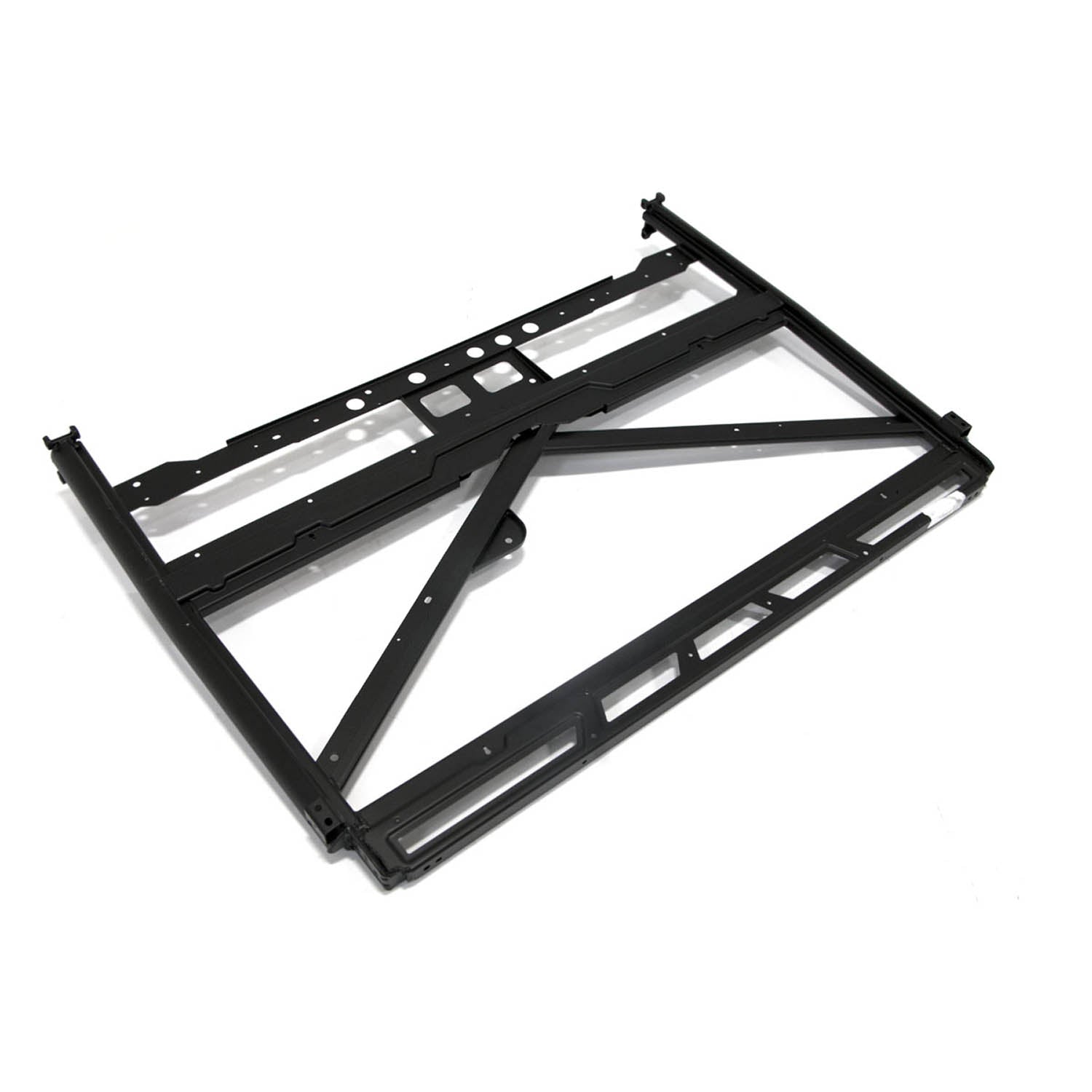 Matte black steel rear cab frame weld for Polaris UTV with reinforced triangular support structure.