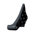 Jet black angled metal floorboard mount with multiple circular holes and rounded edges.