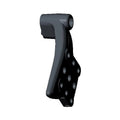 Jet black floorboard mount with curved arm and multiple mounting holes for passenger side.