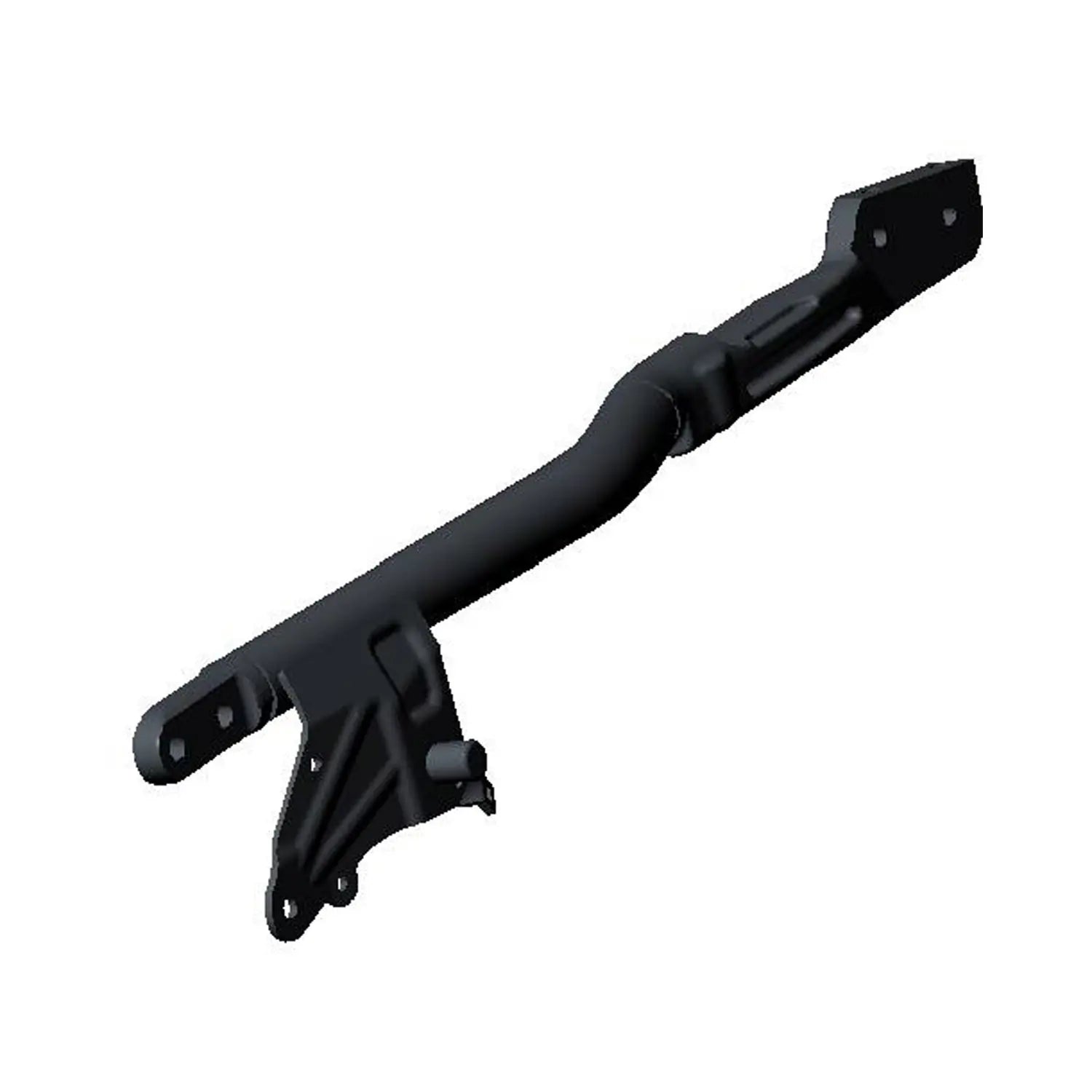 Black metal motorcycle frame backbone with mounting brackets and holes for attachment.