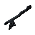 Black metal motorcycle frame backbone with mounting brackets and holes for attachment.