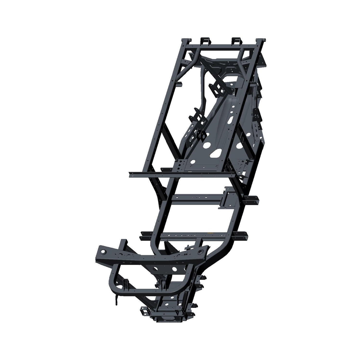 Matte black welded steel main frame for Polaris UTV with multiple mounting points and a rugged structural design.