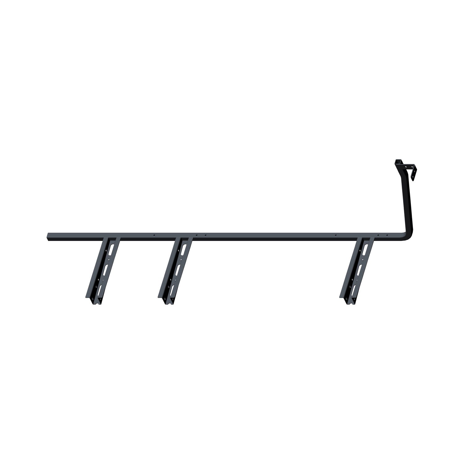 Black metal floor support bracket with three angled mounting points and welded attachment on one end.