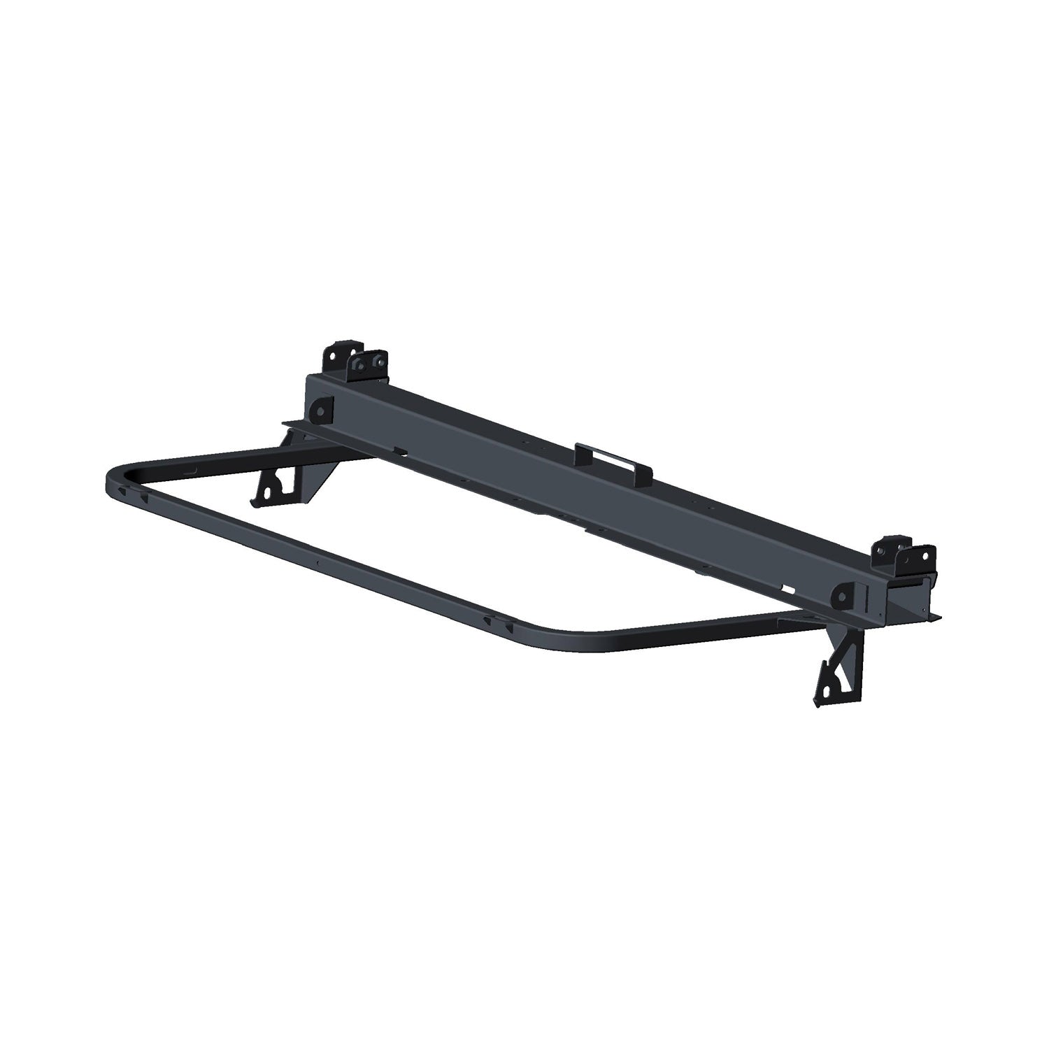 Black metal seat base support frame with mounting brackets, designed for Polaris UTV models.