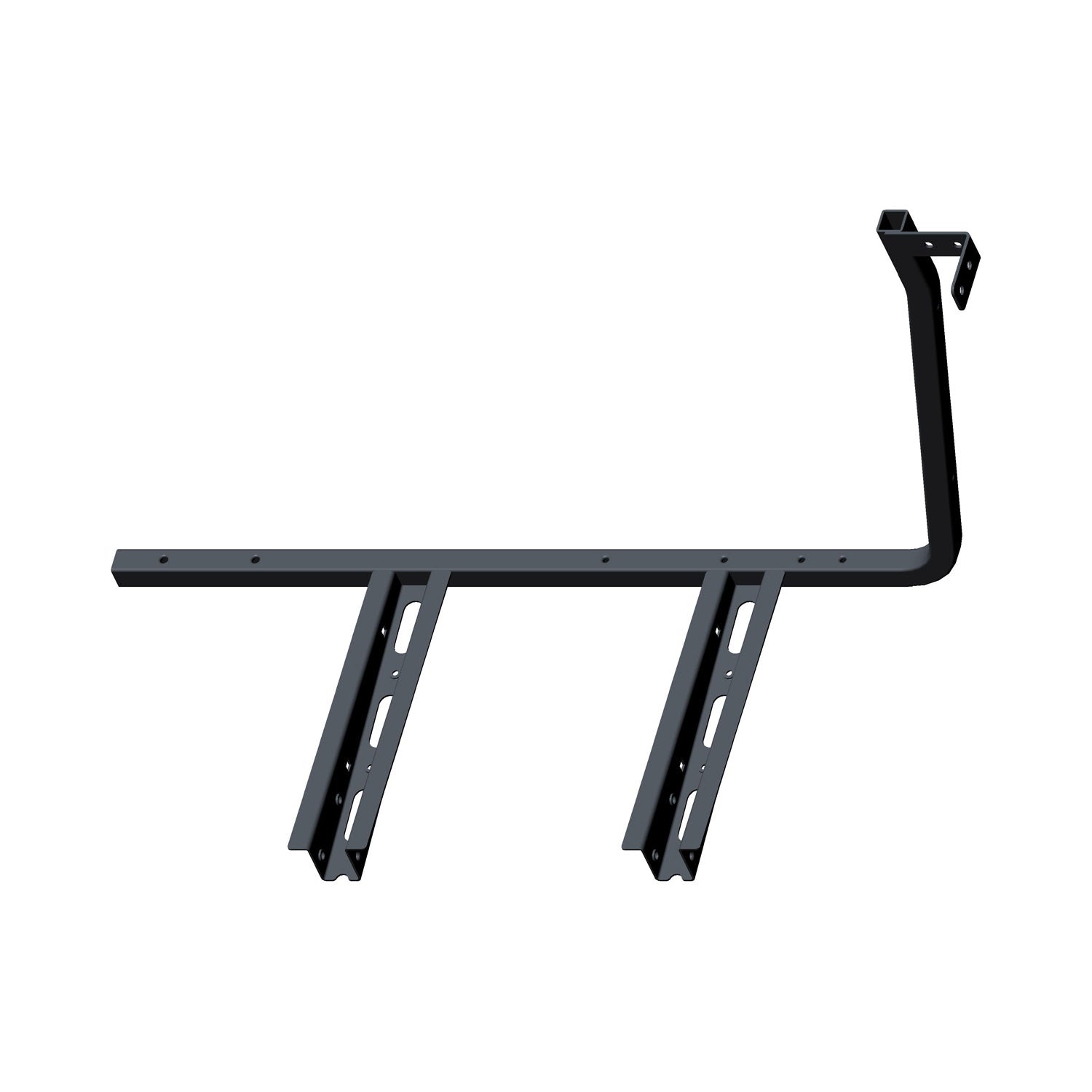 Black metal floor support bracket with angled mounting arms and multiple bolt holes.