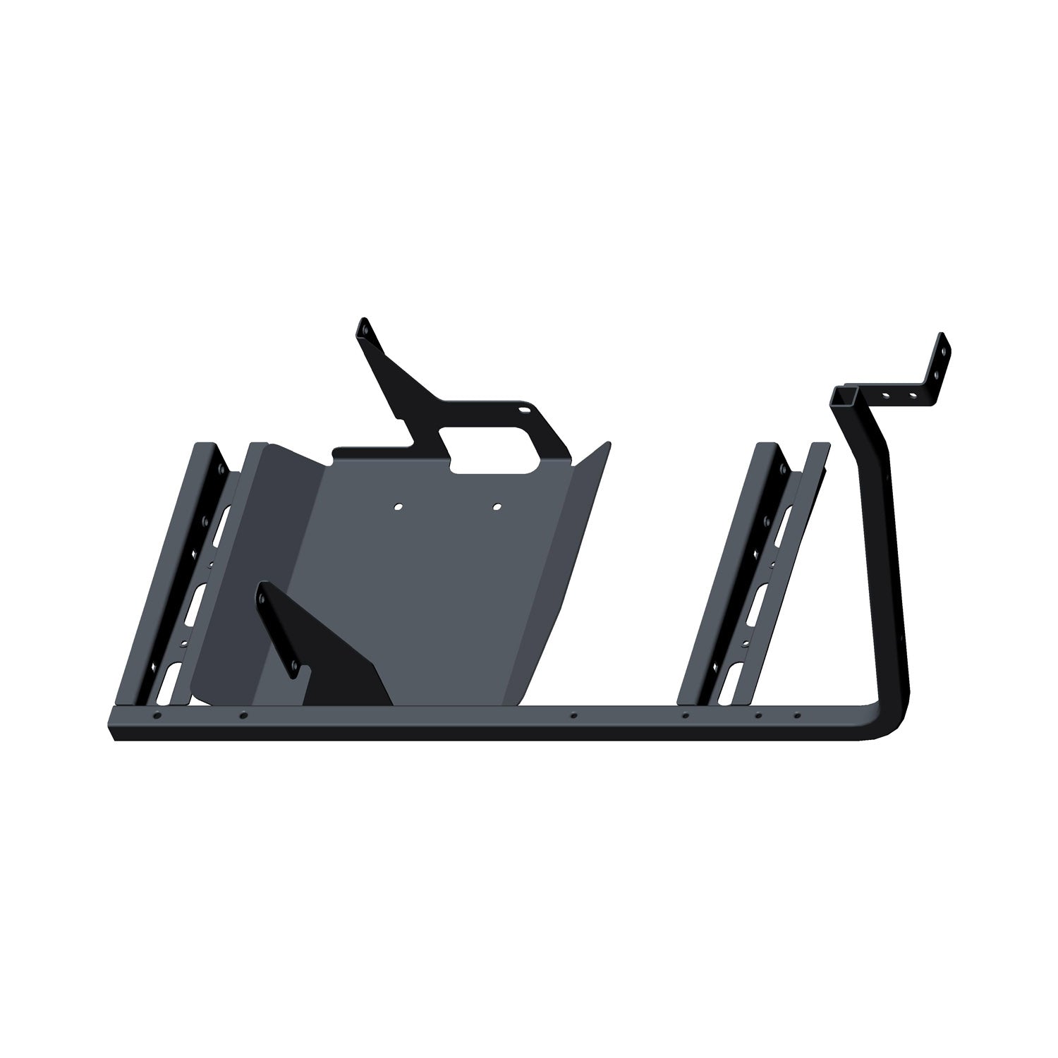 Black metal floor support bracket with angled and flat mounting sections for Polaris Ranger UTV.