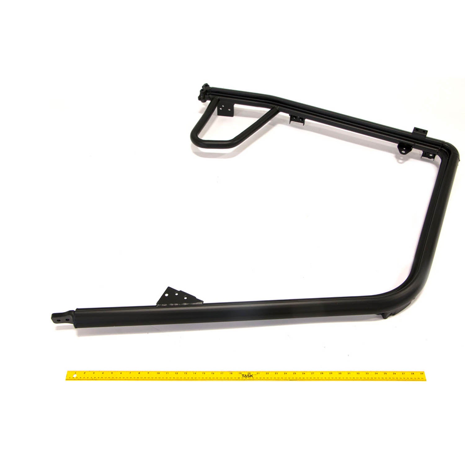 Matte black metal cab frame weld with angular design for Polaris UTV, shown with measuring tape.