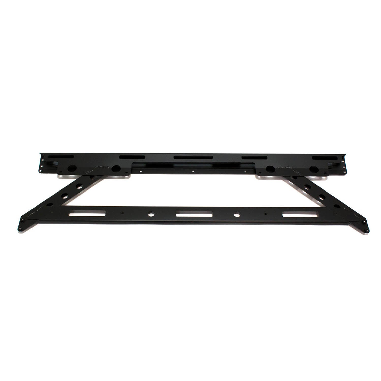 Black metal rear lower cab frame bracket with multiple mounting slots and holes.