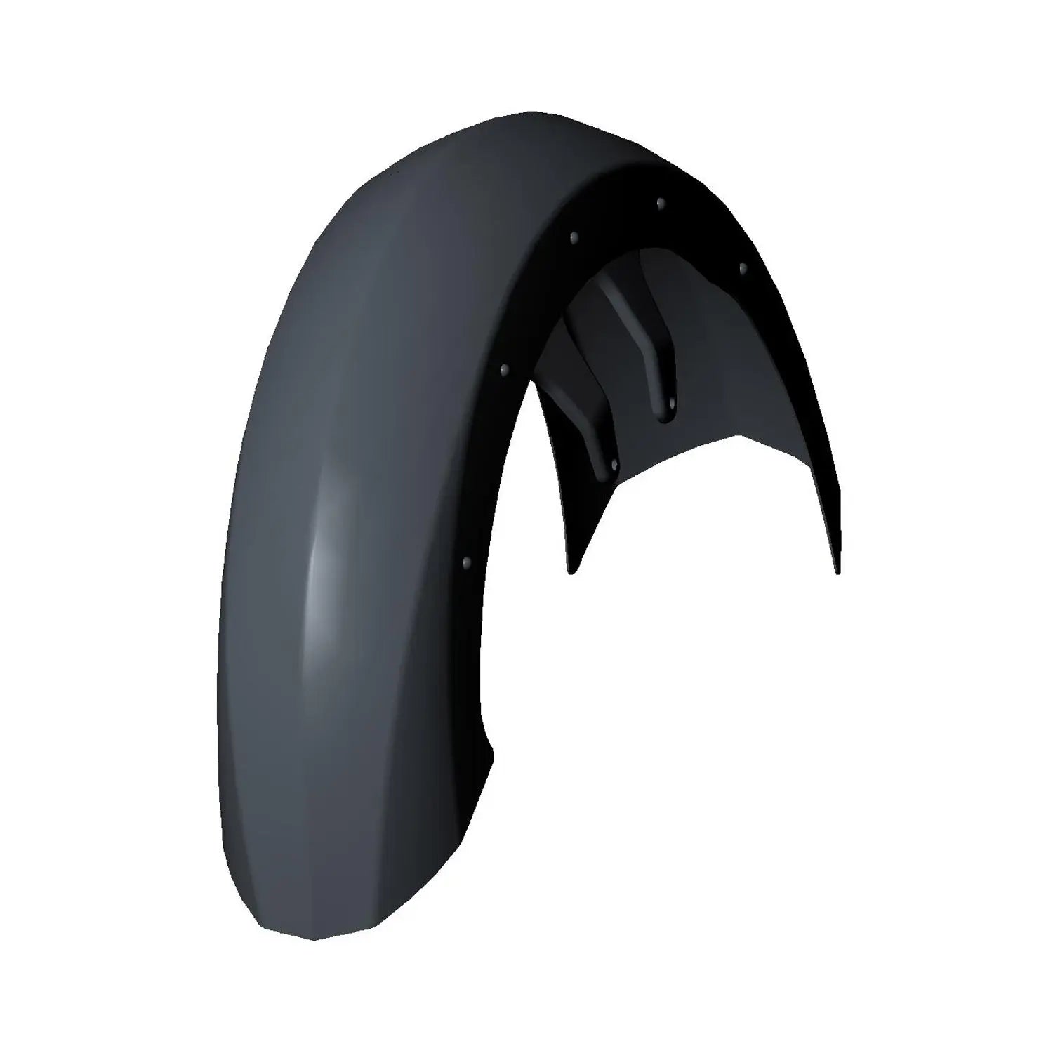 Glossy black curved front motorcycle fender with mounting holes along edges.
