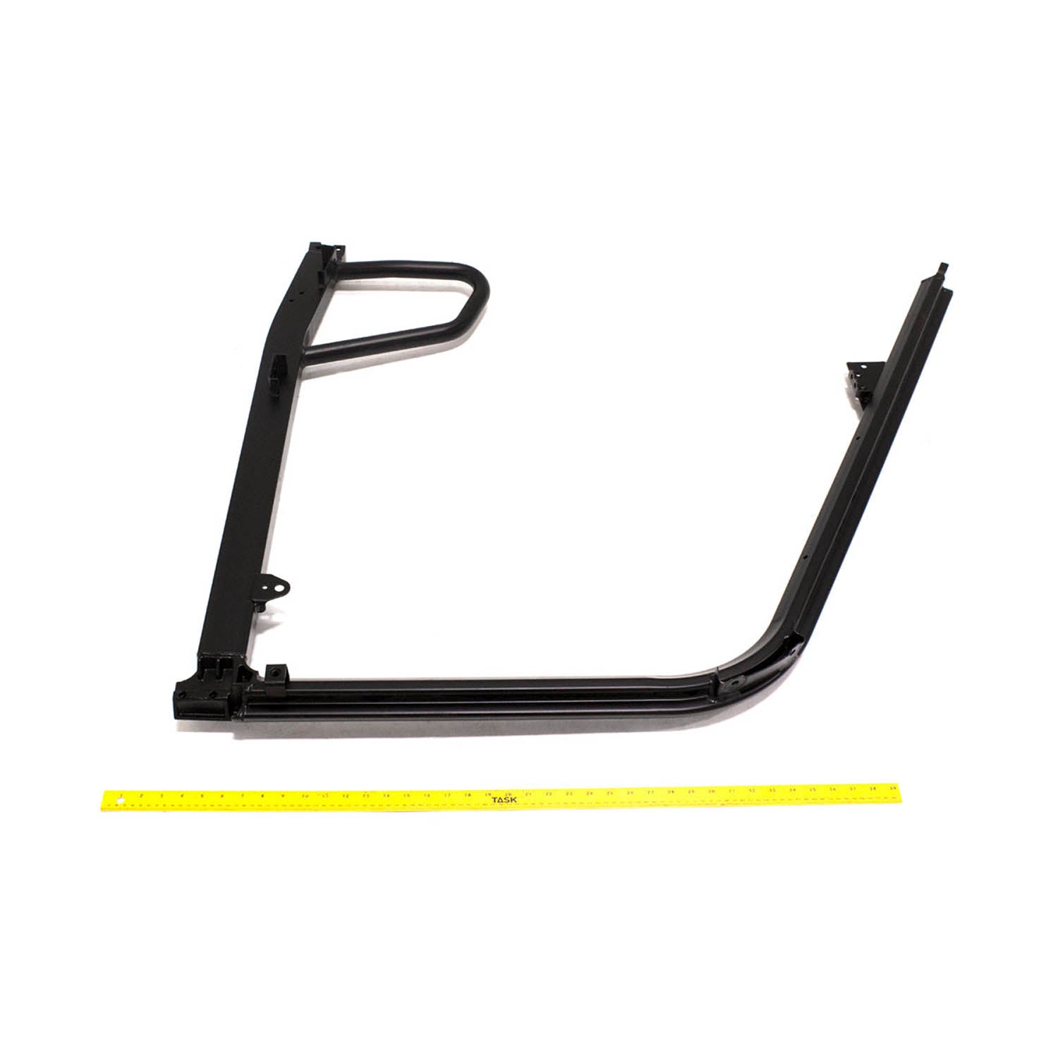Black metal cab frame weld for front right mount with angular design and attachment points.