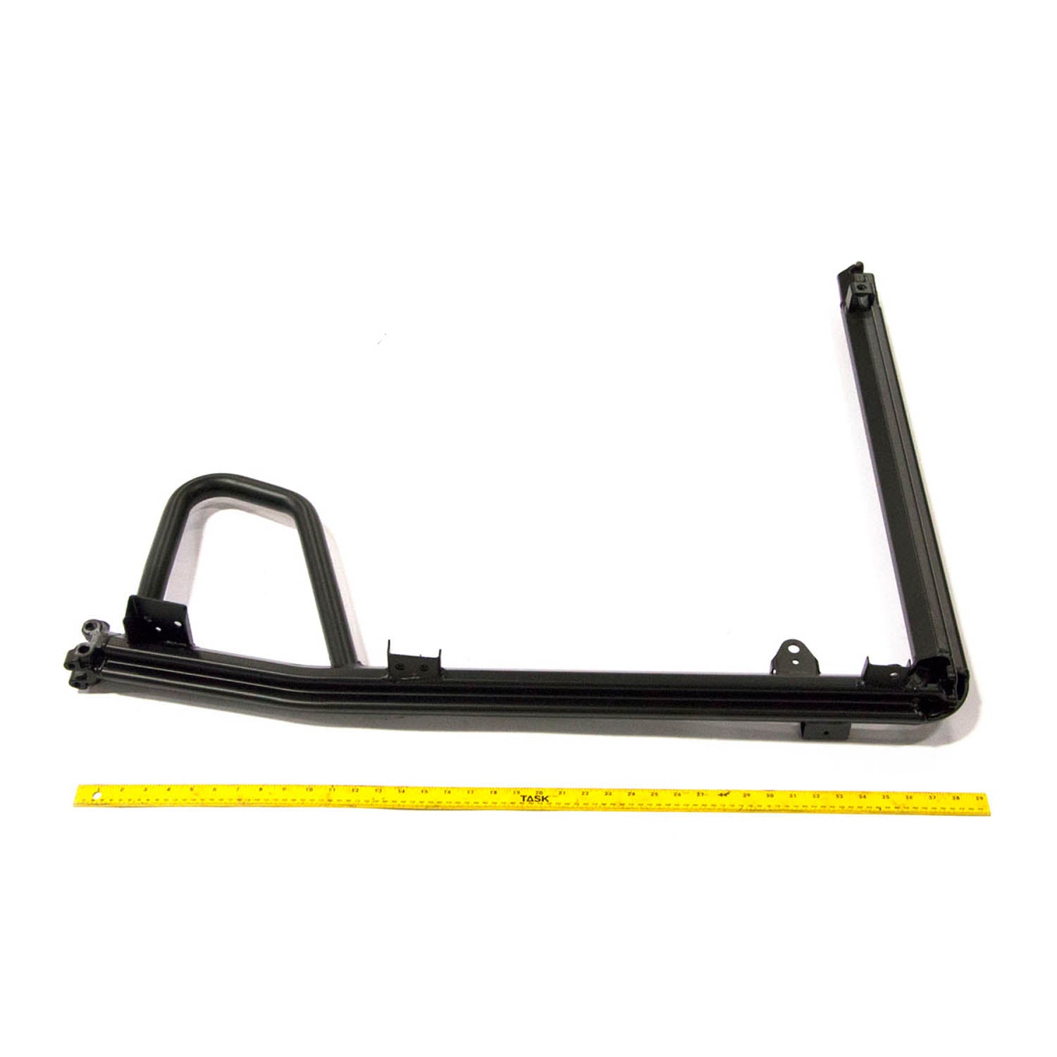 Black metal tubular cab frame with welded joints, designed for rear right mounting on UTVs, shown next to yellow measuring.