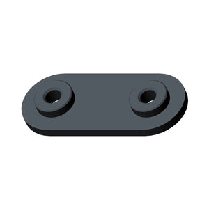 Dark gray oval metal assembly bracket with two raised circular mounting holes.