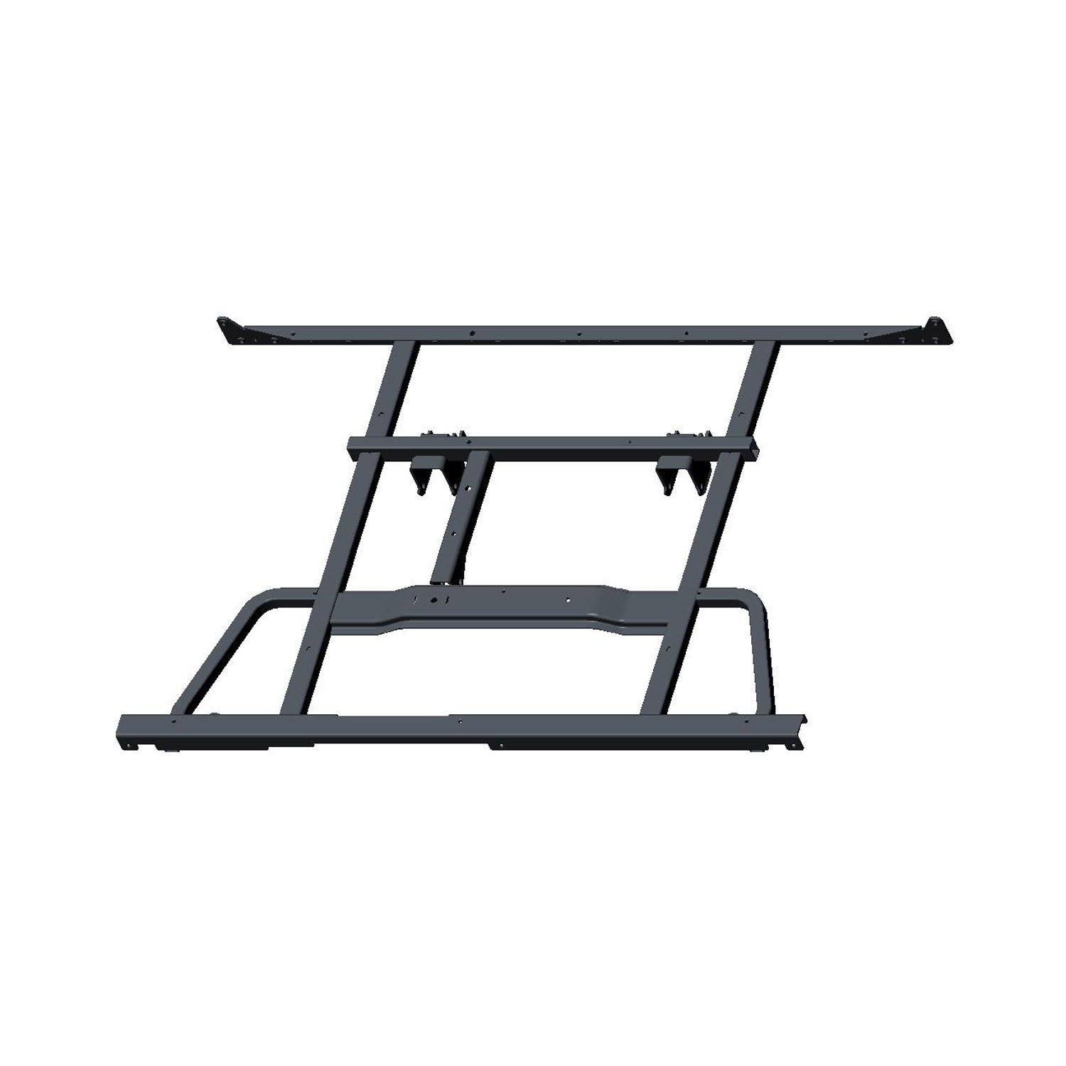 Black metal dump box support frame with welded joints designed for Polaris Ranger UTV cargo boxes.