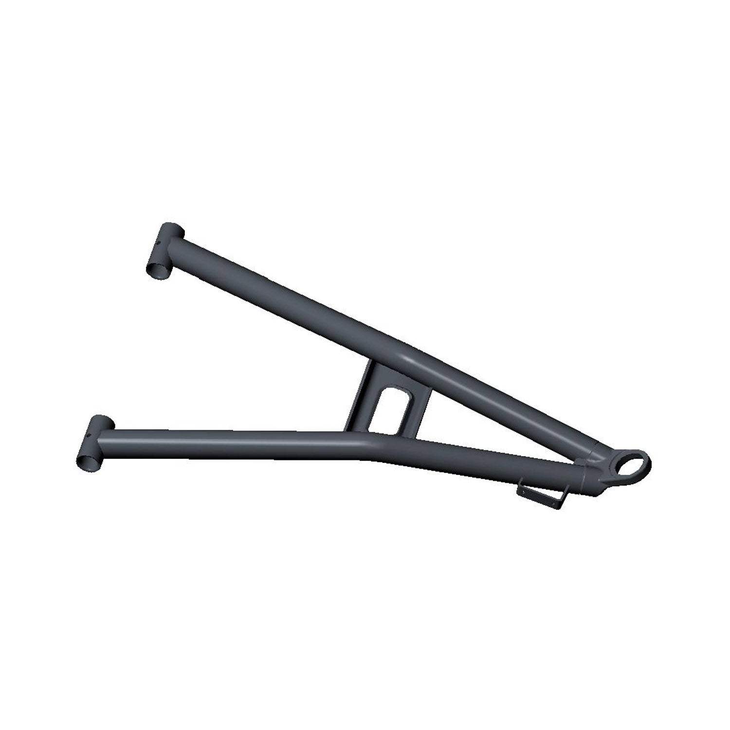 Matte black metal front lower left A-arm with tubular frame design for offroad vehicle suspension.