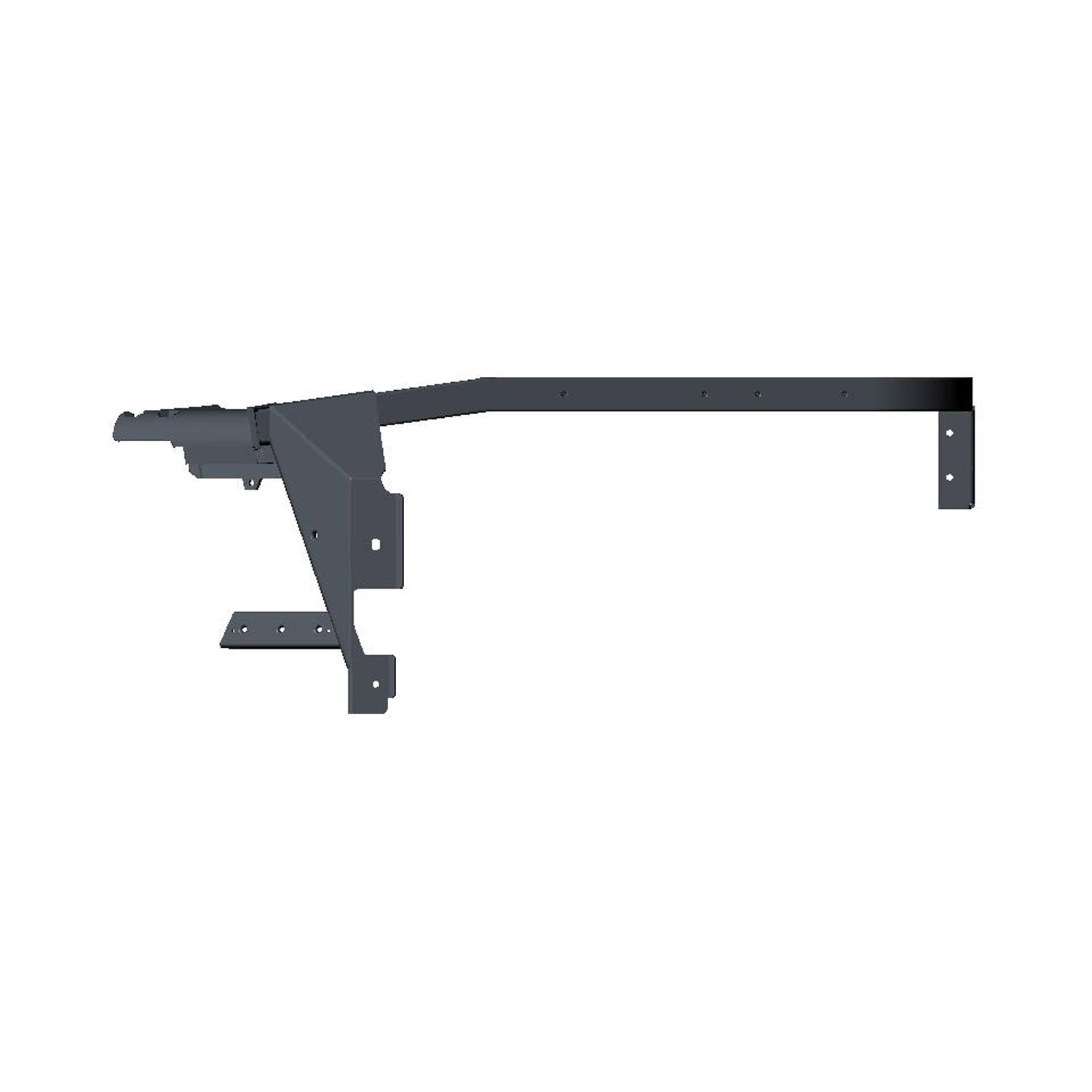 Matte black metal floor support bracket with angular design and multiple mounting holes.
