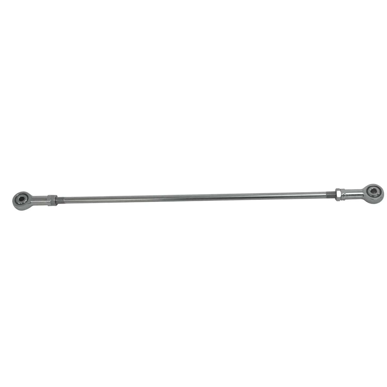 Metal shift linkage rod with eyelet ends and spherical bearings on both sides.