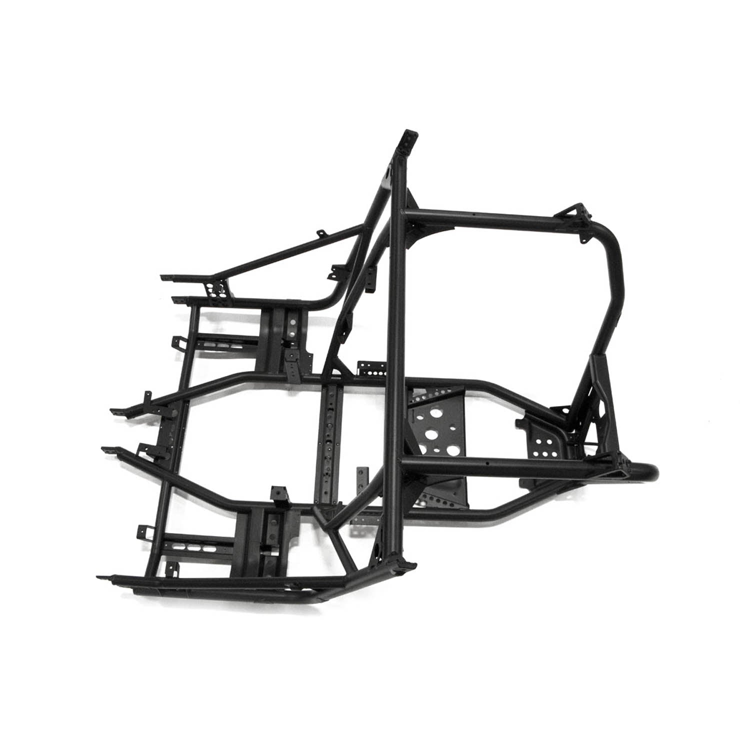 Matte black welded steel main frame for Polaris off-road vehicle with reinforced crossbars and mounting points.