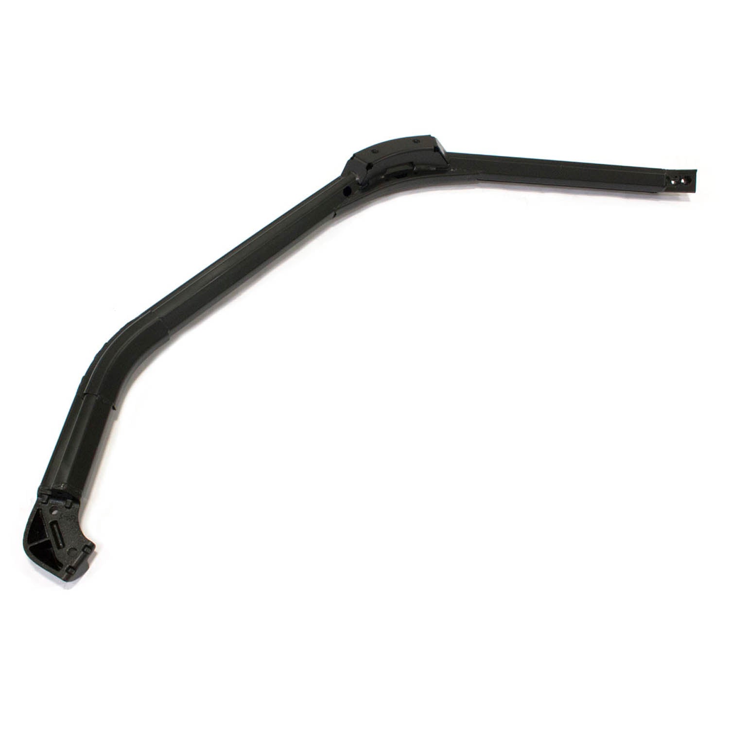 Black metal front cab frame component with angled design and mounting points, left side.