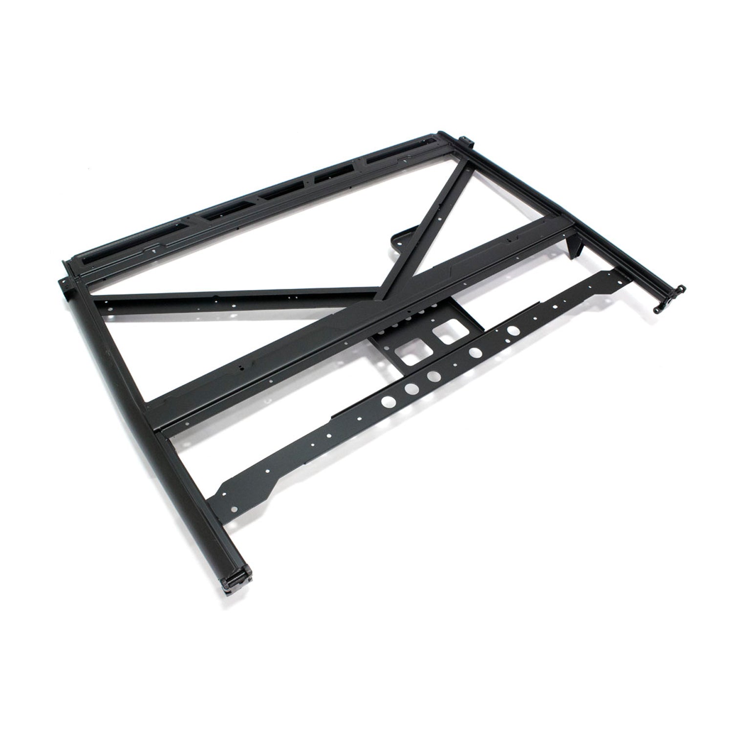 Matte black metal rear cab frame with welded cross supports and mounting holes.