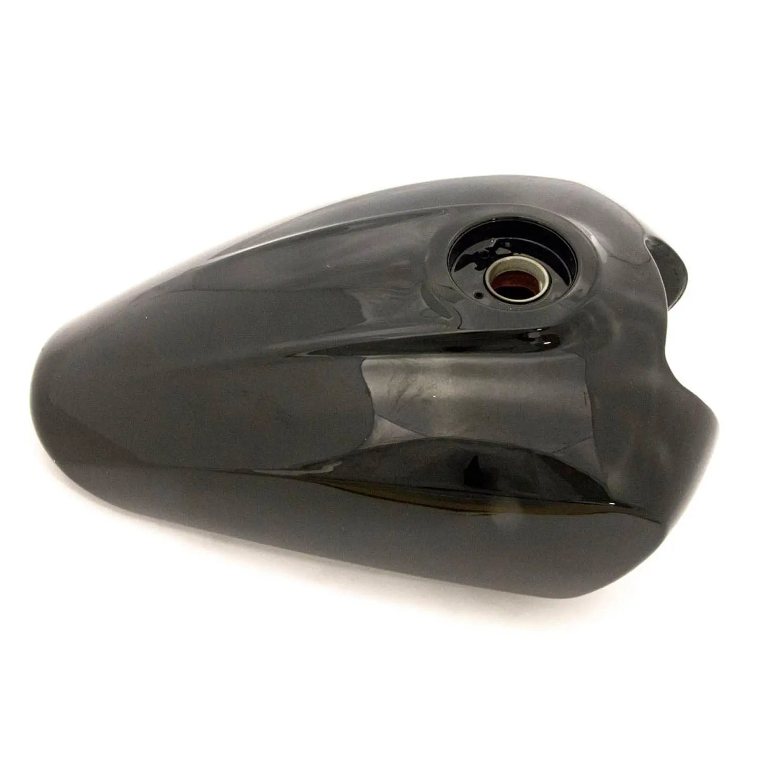Glossy black motorcycle fuel tank with smooth curved design and central filler opening.