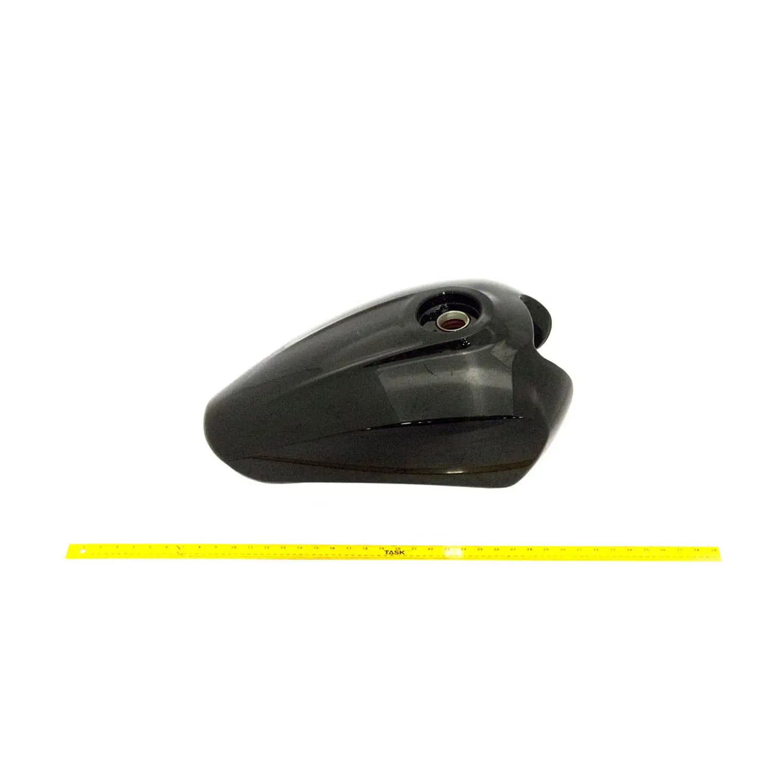 Flat black motorcycle fuel tank with smooth matte finish and rounded aerodynamic shape.