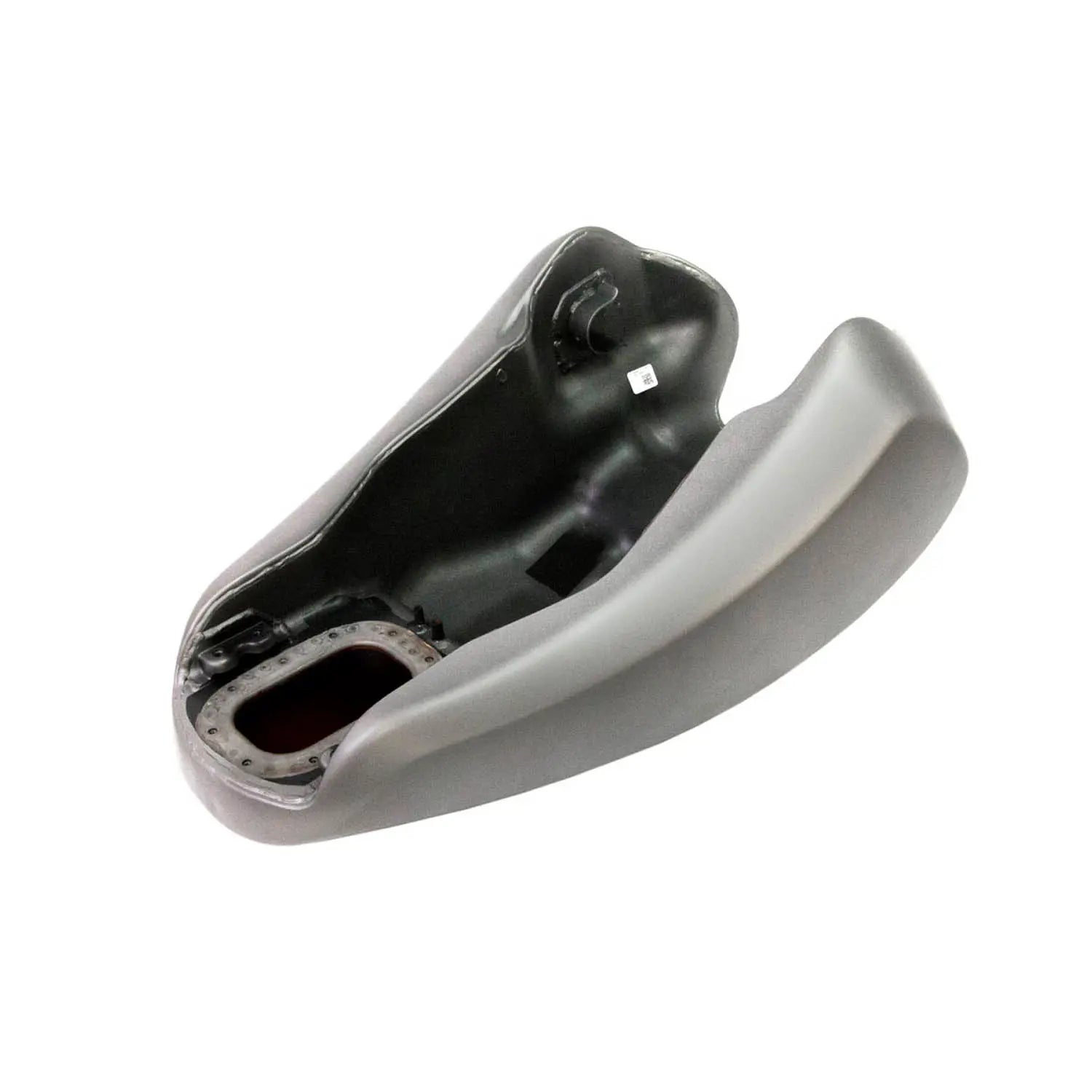 Silver smoke motorcycle fuel tank with smooth contours and a recessed mounting area.