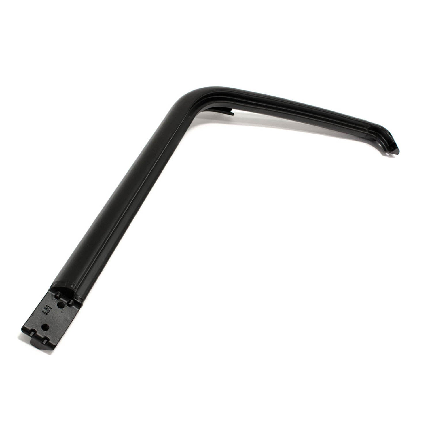 Black metal front cab frame weld for left side with mounting plate and angled design.