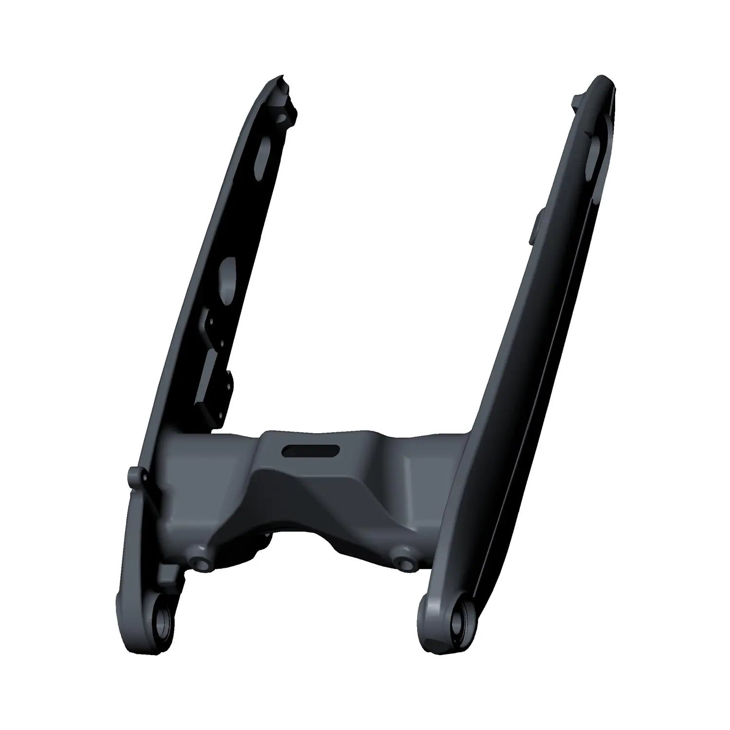 Black metal swingarm with integrated bearings, angular design, sturdy motorcycle part.