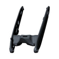 Black metal swingarm with integrated bearings, angular design, sturdy motorcycle part.