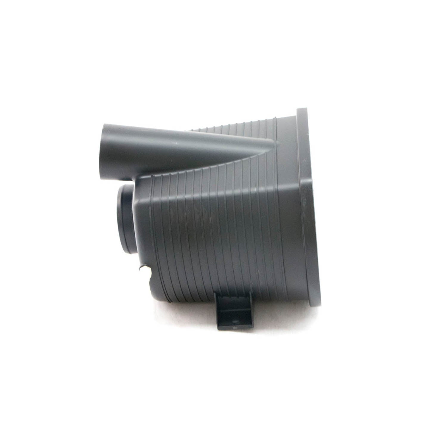 Black molded plastic airbox with angled intake tube and ribbed body design.